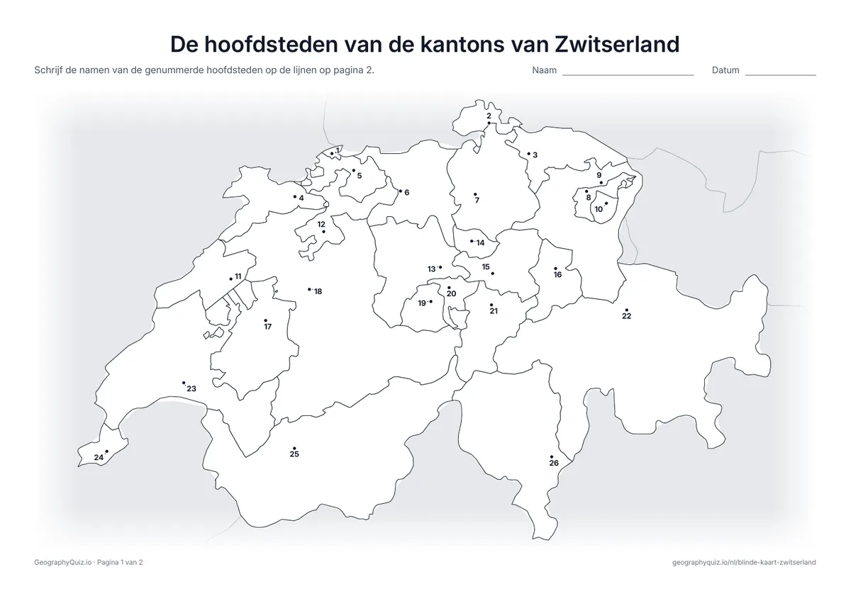 Voorbeeld van het werkblad “De hoofdsteden van de kantons van Zwitserland”: De hoofdstad van elk kanton is een genummerde stip