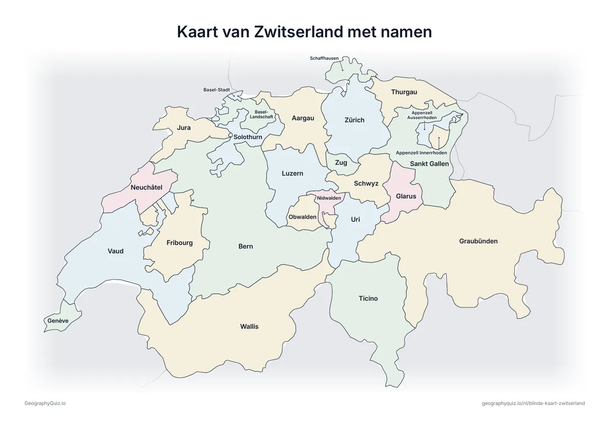 Voorbeeld van het werkblad “Kaart van Zwitserland met namen”: Kaart van Zwitserland met alle namen: een voorbeeldkaart voor de les en om de antwoorden na te kijken