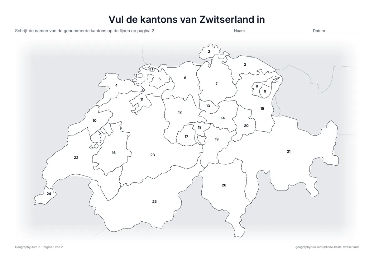 Voorbeeld van het werkblad “Vul de kantons van Zwitserland in”: Kaart met de nummers van de 26 kantons