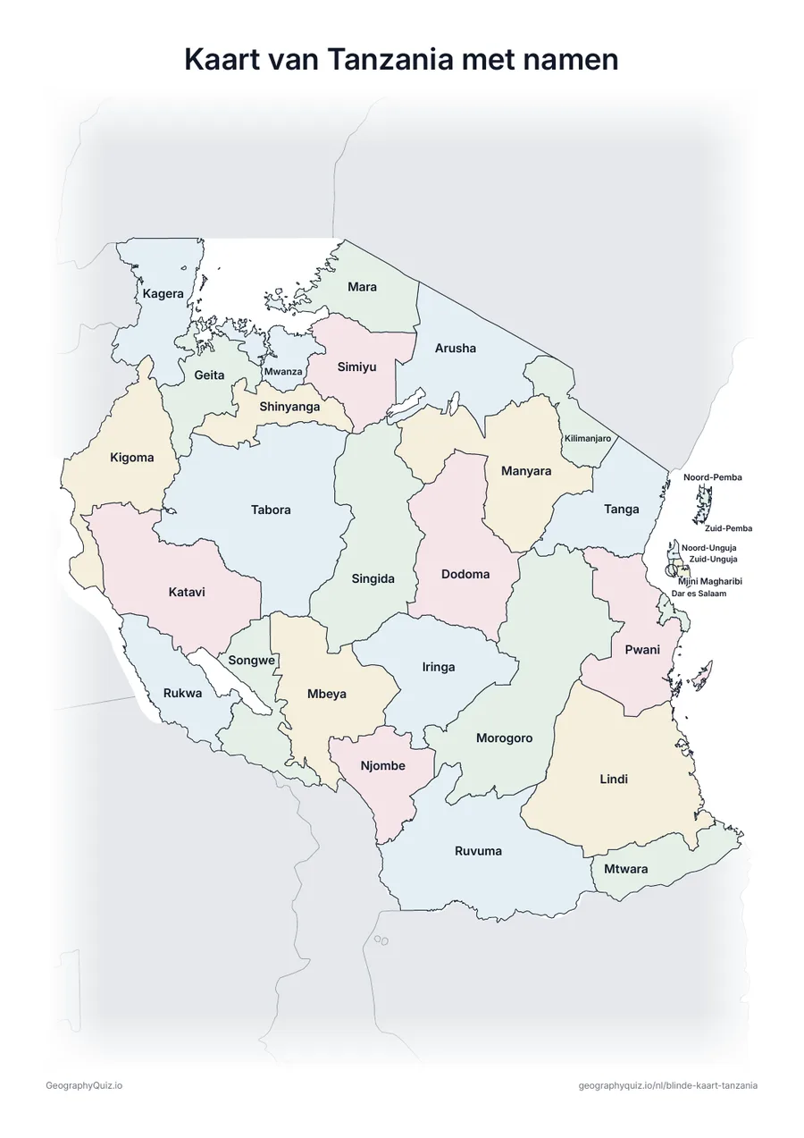 Voorbeeld van het werkblad “Kaart van Tanzania met namen”: Kaart van Tanzania met alle namen: een voorbeeldkaart voor de les en om de antwoorden na te kijken