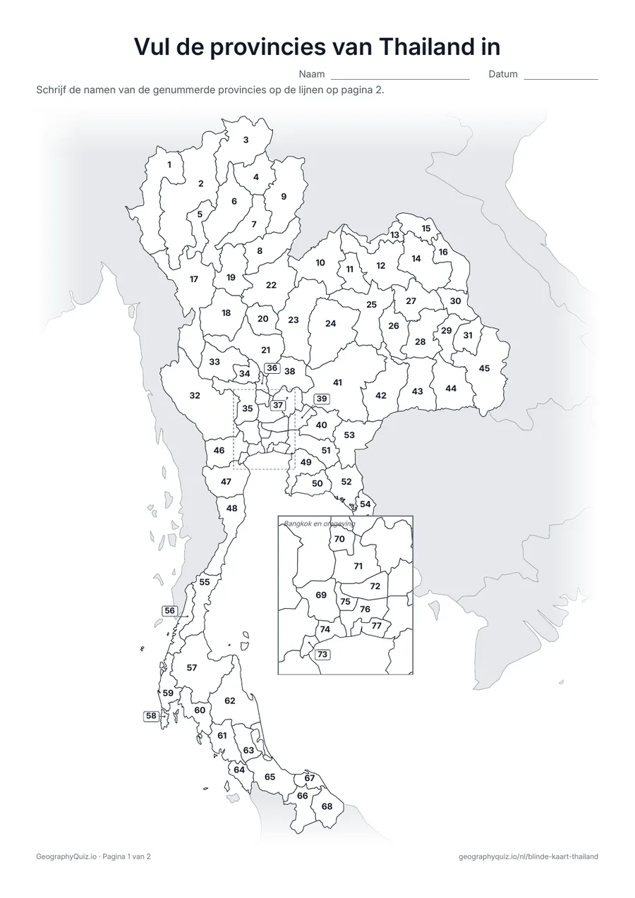 Voorbeeld van het werkblad “Vul de provincies van Thailand in”: Kaart met de nummers van de 76 provincies en Bangkok