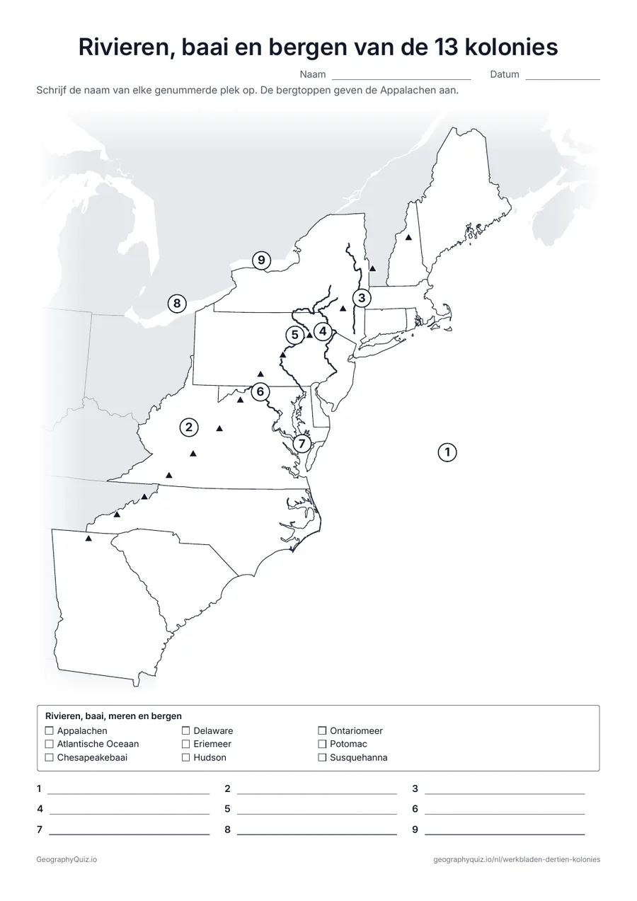 Voorbeeld van het werkblad “Rivieren, baai en bergen van de 13 kolonies”: De Atlantische Oceaan, de Appalachen, de rivieren Hudson, Delaware, Susquehanna en Potomac, de Chesapeakebaai en twee van de Grote Meren, genummerd om in te vullen