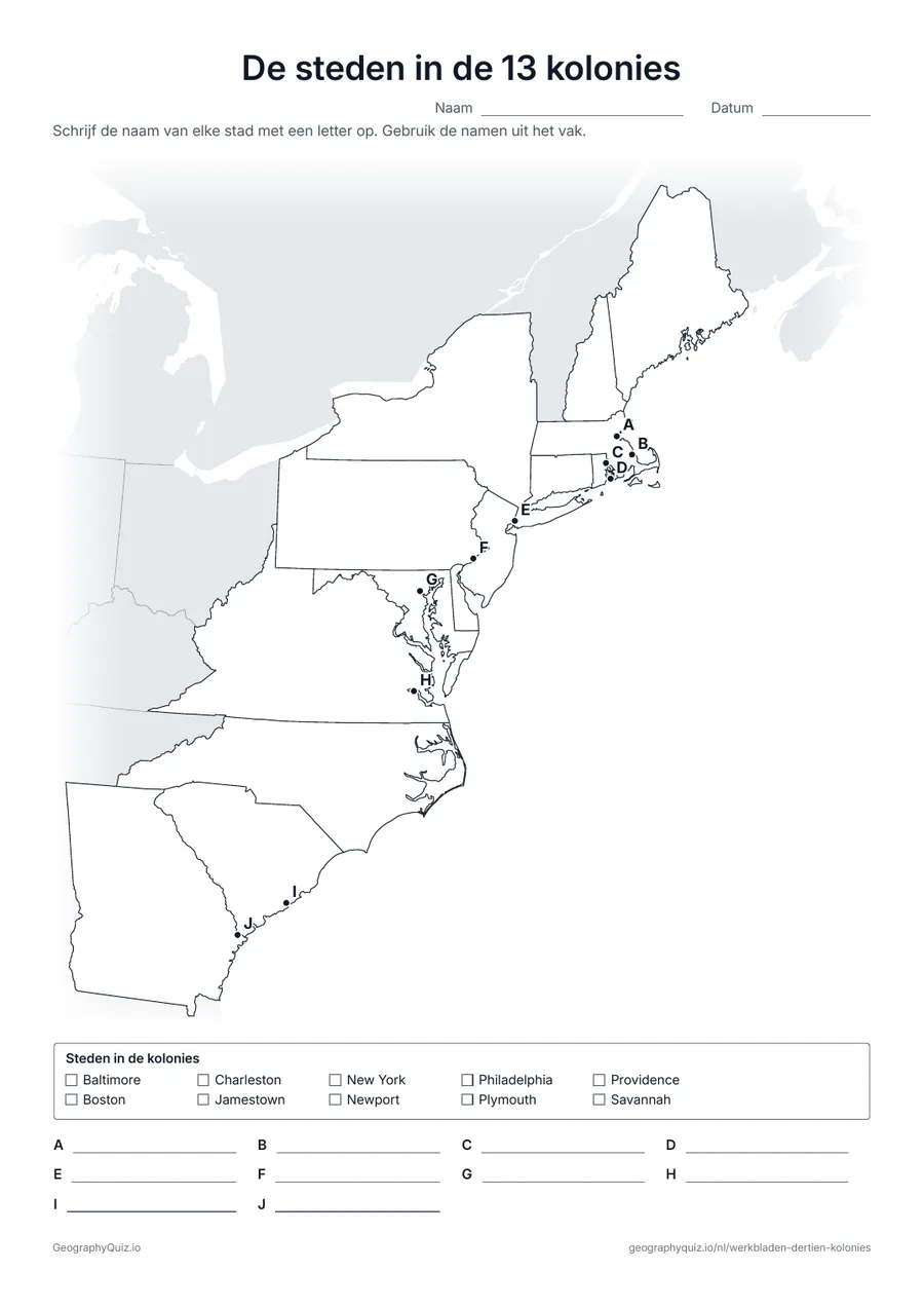 Voorbeeld van het werkblad “De steden in de 13 kolonies”: Tien punten met letters geven Jamestown, Plymouth, Boston, New York, Philadelphia, Charleston en andere koloniale steden aan