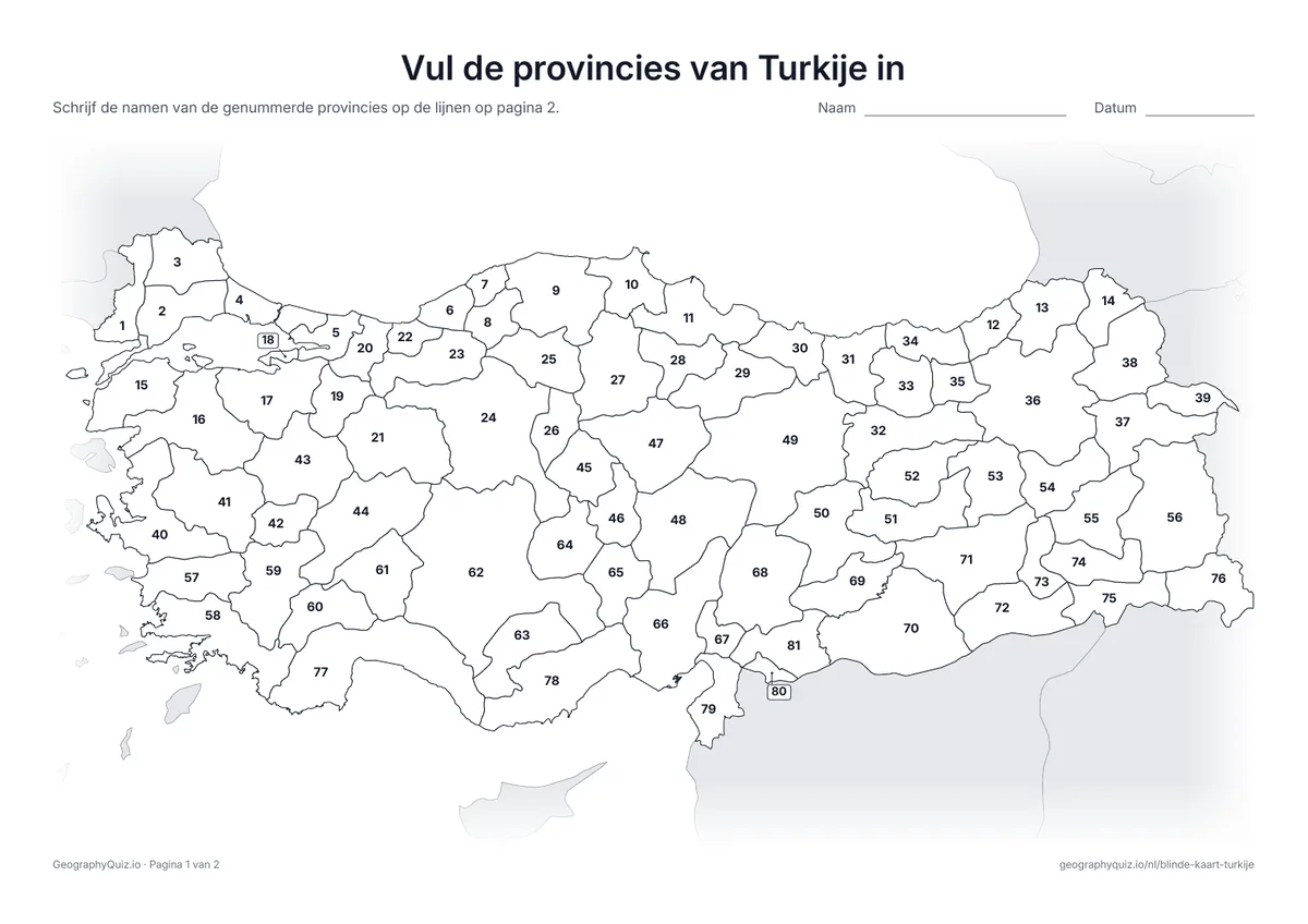 Voorbeeld van het werkblad “Vul de provincies van Turkije in”: Kaart met de nummers van de 81 provincies