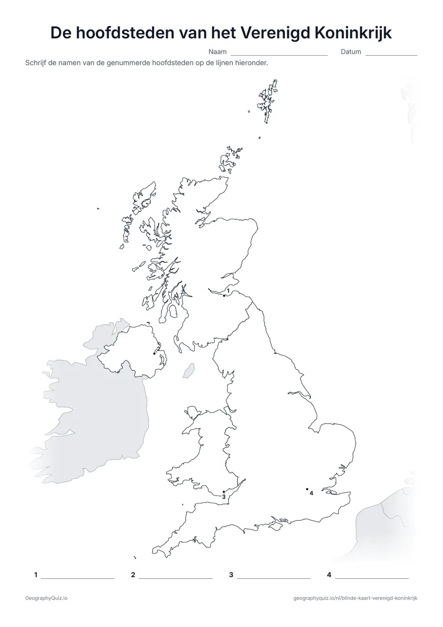 Voorbeeld van het werkblad “De hoofdsteden van het Verenigd Koninkrijk”: Londen, Edinburgh, Cardiff en Belfast zijn genummerde stippen