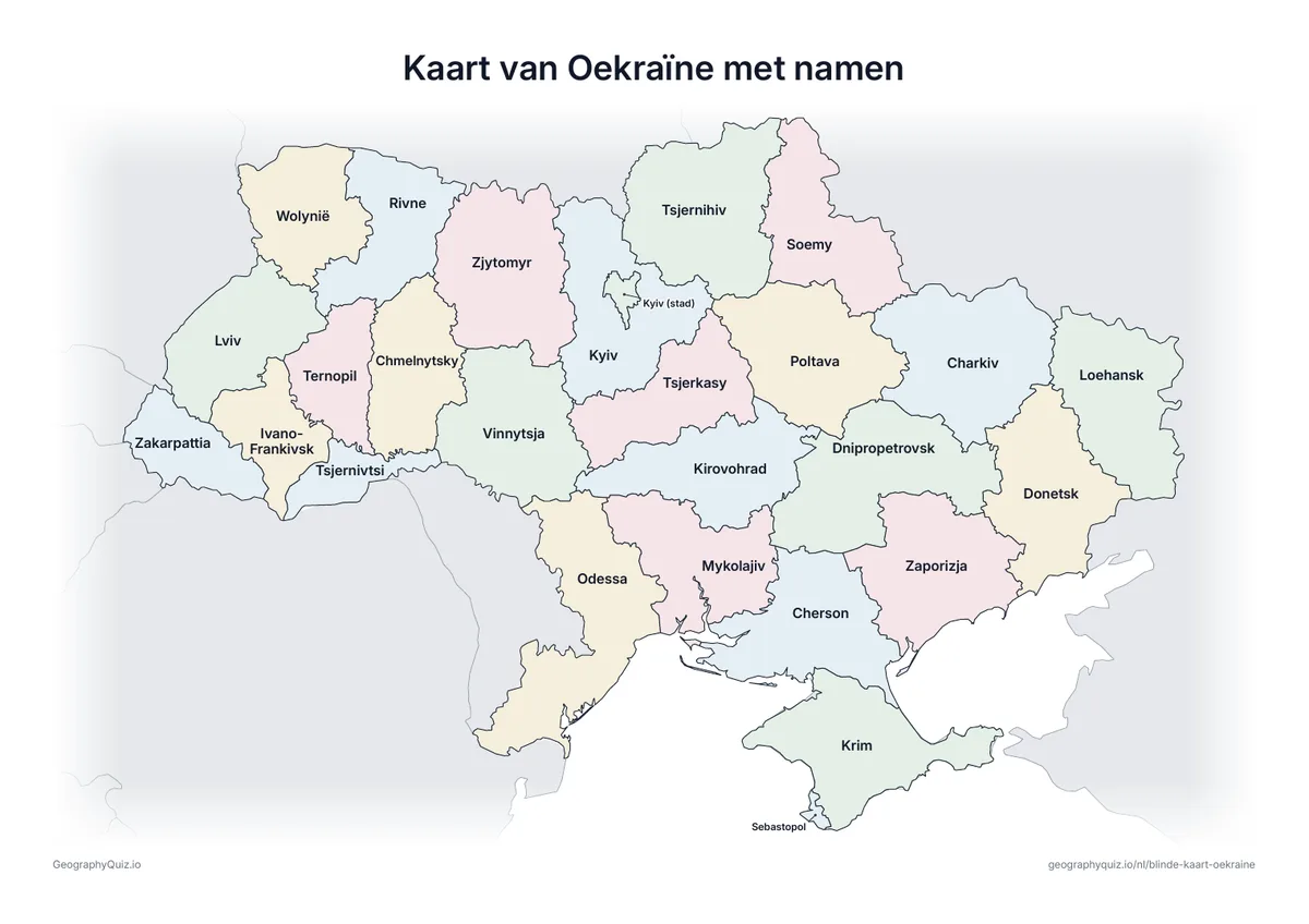 Voorbeeld van het werkblad “Kaart van Oekraïne met namen”: Kaart van Oekraïne met alle namen: een voorbeeldkaart voor de les en om de antwoorden na te kijken