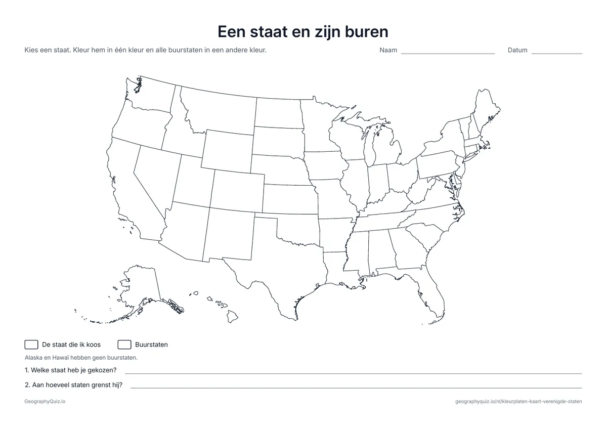 Voorbeeld van het werkblad “Een staat en zijn buren”: Je kleurt een staat naar keuze en alle buurstaten, en beantwoordt daarna twee vragen