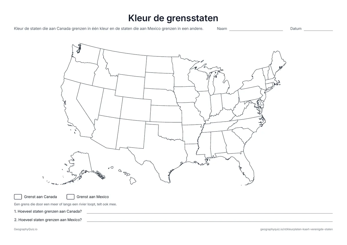 Voorbeeld van het werkblad “Kleur de grensstaten”: De staten die aan Canada en aan Mexico grenzen, kleur je en tel je