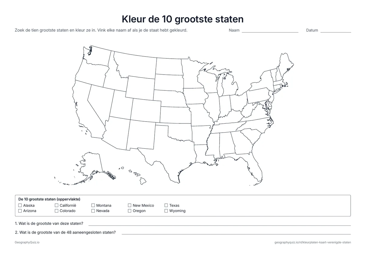 Voorbeeld van het werkblad “Kleur de 10 grootste staten”: De lijst van de tien staten met de grootste oppervlakte