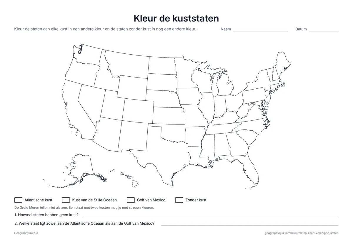 Voorbeeld van het werkblad “Kleur de kuststaten”: De staten aan de Atlantische Oceaan, de Stille Oceaan en de Golf van Mexico en de staten zonder kust krijgen elk een andere kleur