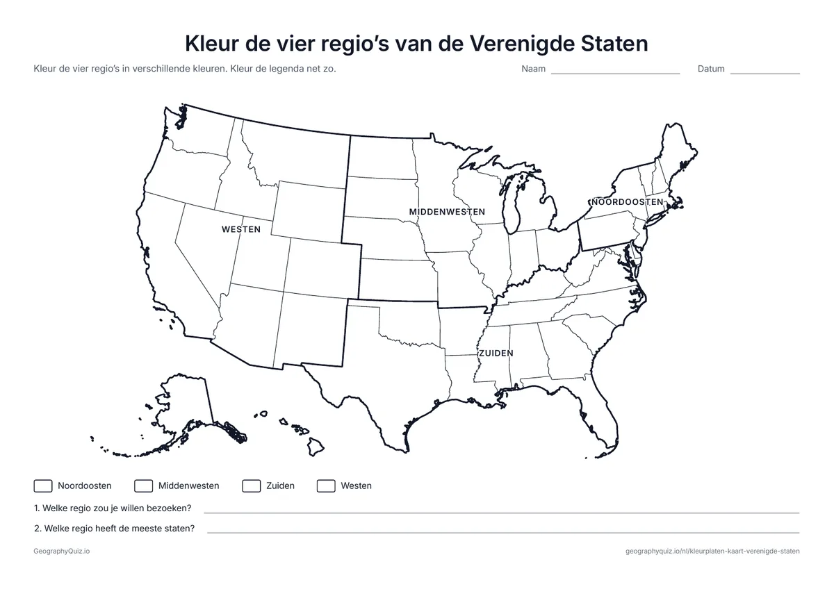 Voorbeeld van het werkblad “Kleur de vier regio’s van de Verenigde Staten”: Dikke lijnen verdelen de kaart in Noordoosten, Middenwesten, Zuiden en Westen