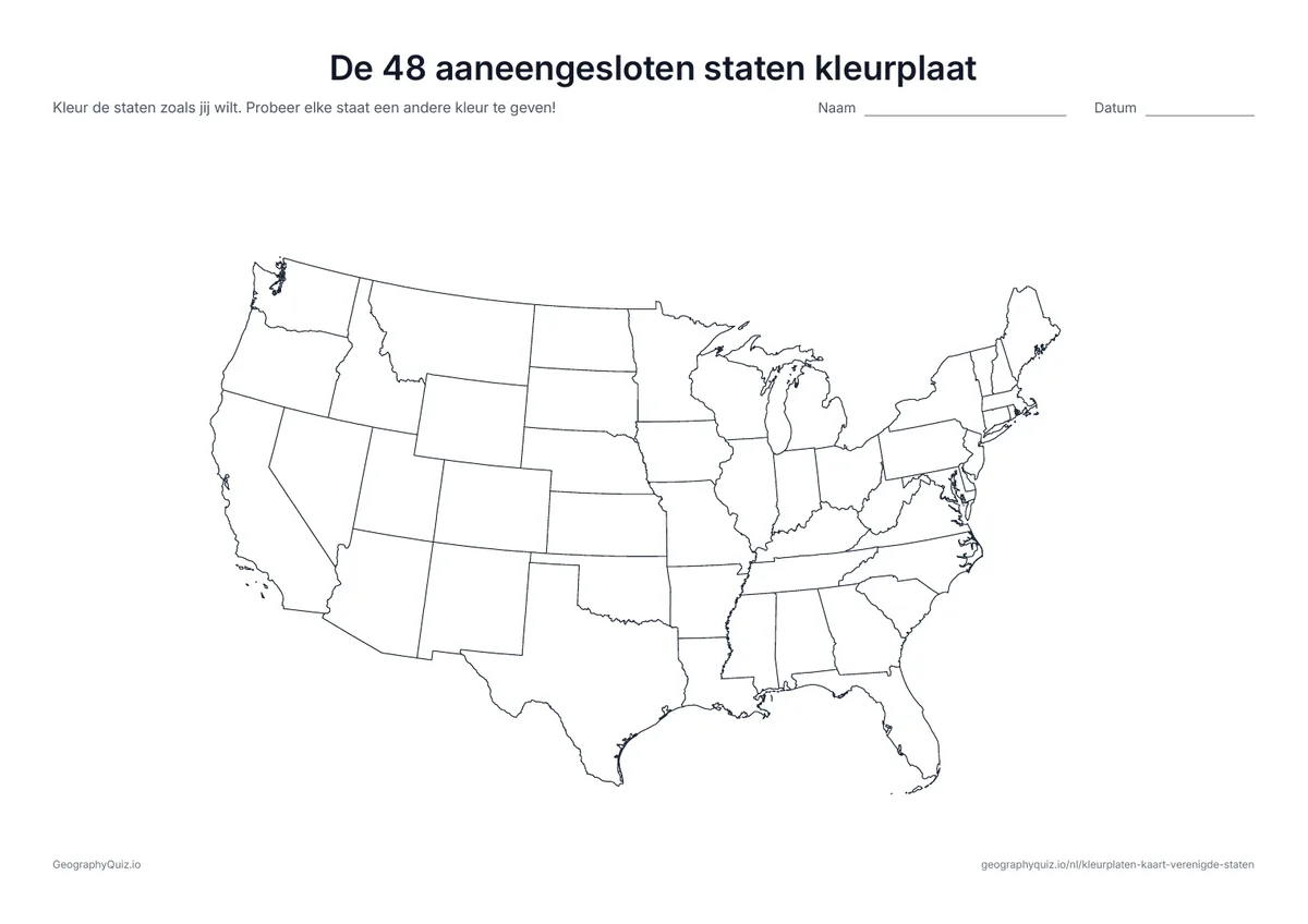 Voorbeeld van het werkblad “De 48 aaneengesloten staten kleurplaat”: De 48 aaneengesloten staten in groot formaat, zonder Alaska en Hawaï: meer ruimte om te kleuren