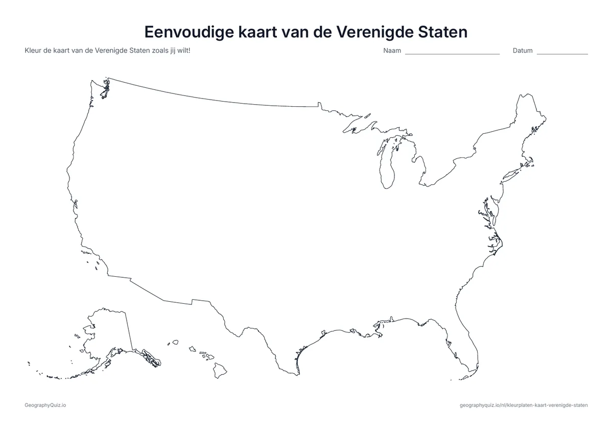 Voorbeeld van het werkblad “Eenvoudige kaart van de Verenigde Staten”: De omtrek van de Verenigde Staten zonder grenzen tussen de staten: één grote vorm, makkelijk te kleuren voor de jongsten