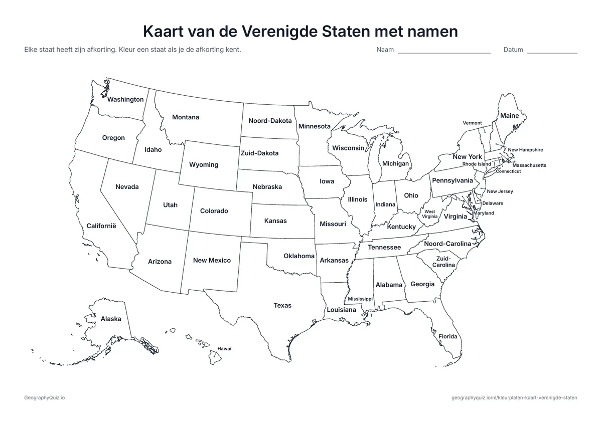 Voorbeeld van het werkblad “Kaart van de Verenigde Staten met namen”: Elke staat heeft zijn naam; de kleine staten in het noordoosten staan in de marge