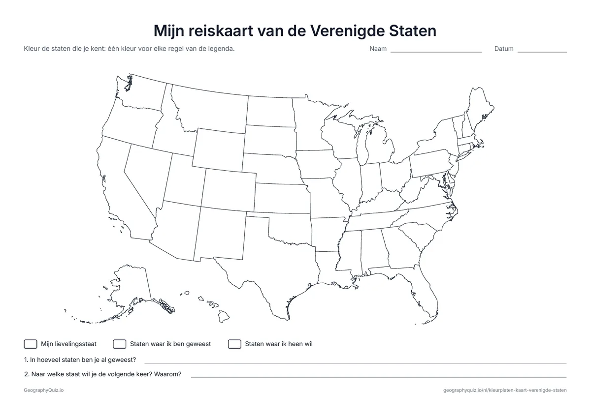 Voorbeeld van het werkblad “Mijn reiskaart van de Verenigde Staten”: Kleur je lievelingsstaat, de staten waar je bent geweest en de staten waar je heen wilt, en beantwoord twee vragen