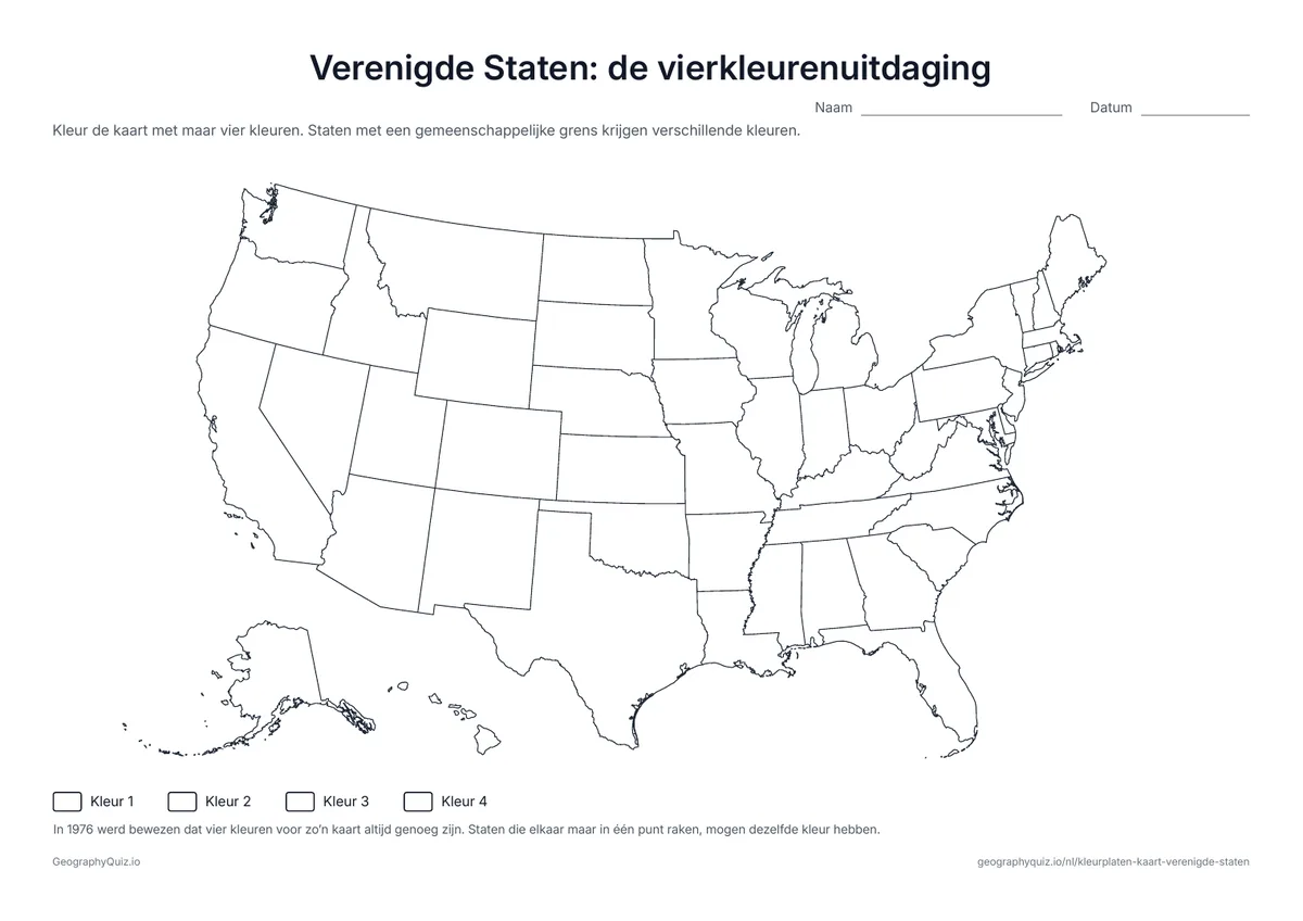 Voorbeeld van het werkblad “Verenigde Staten: de vierkleurenuitdaging”: Kleur alle 50 staten met maar vier kleuren, zodat twee buren nooit dezelfde kleur hebben: rond Kentucky en Tennessee is dat moeilijker dan het lijkt