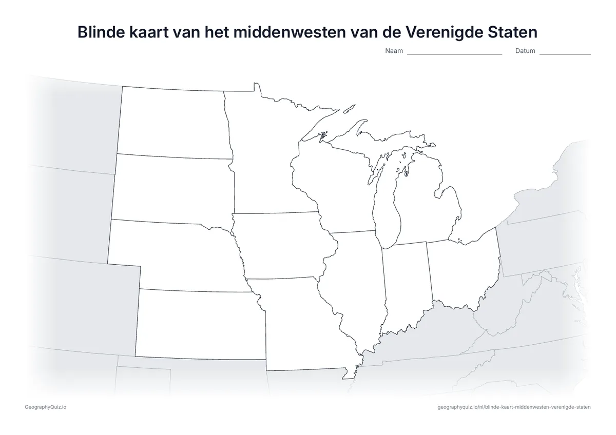 Voorbeeld van het werkblad: blinde kaart – Middenwesten van de VS