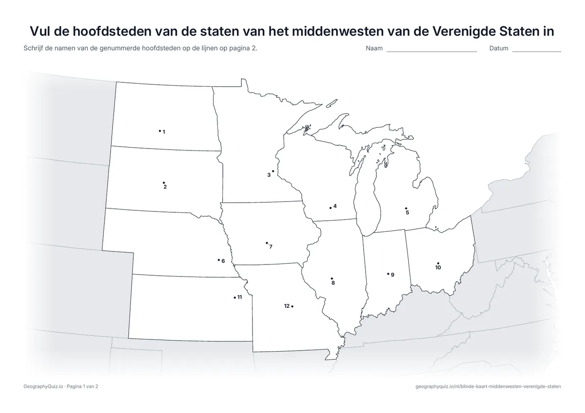 Voorbeeld van het werkblad “Vul de hoofdsteden van de staten van het middenwesten van de Verenigde Staten in”: Elke hoofdstad is een genummerde stip