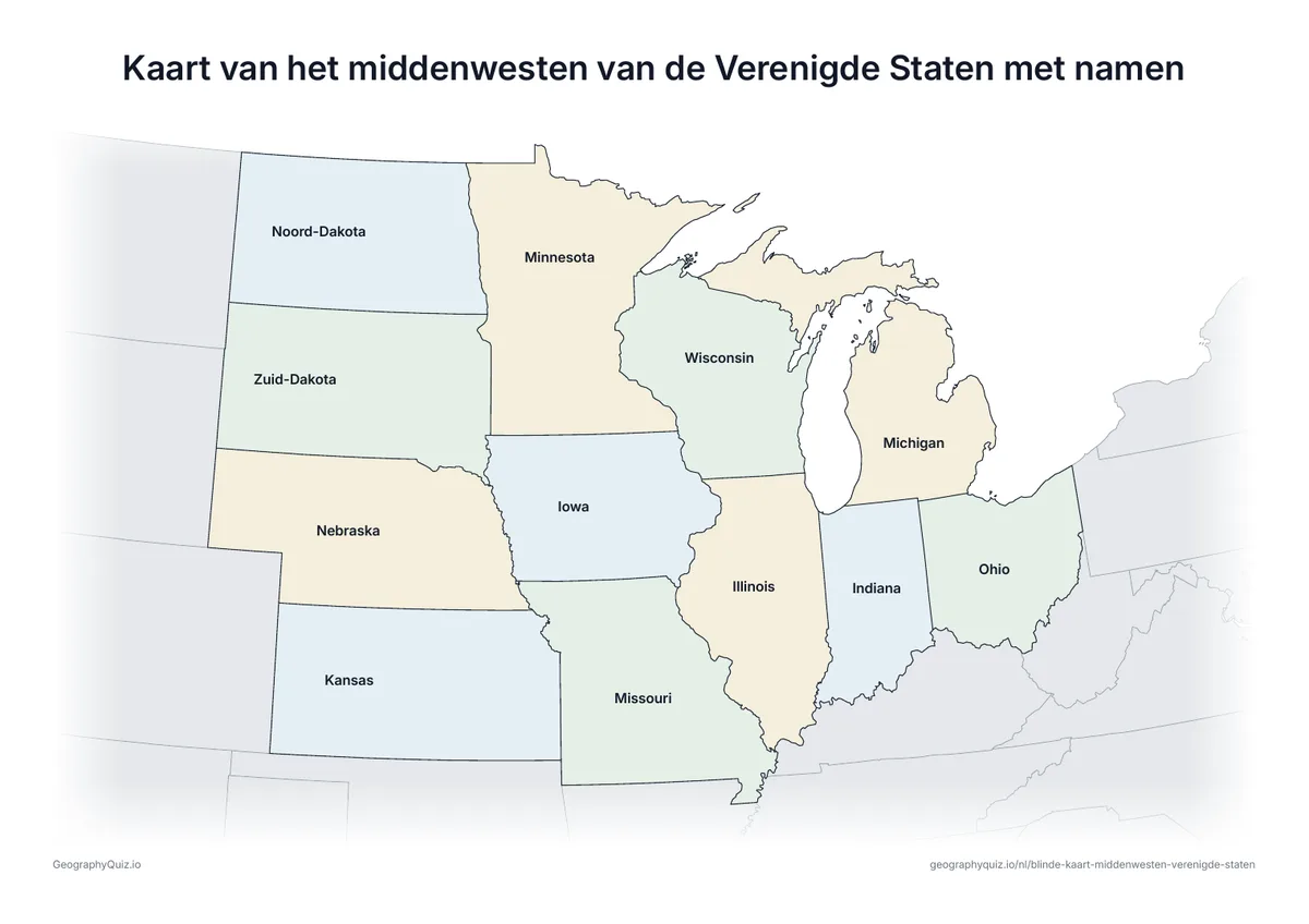 Voorbeeld van het werkblad “Kaart van het middenwesten van de Verenigde Staten met namen”: Dezelfde kaart met de namen van alle 12 staten: om te leren, te herhalen of de werkbladen van je leerlingen na te kijken