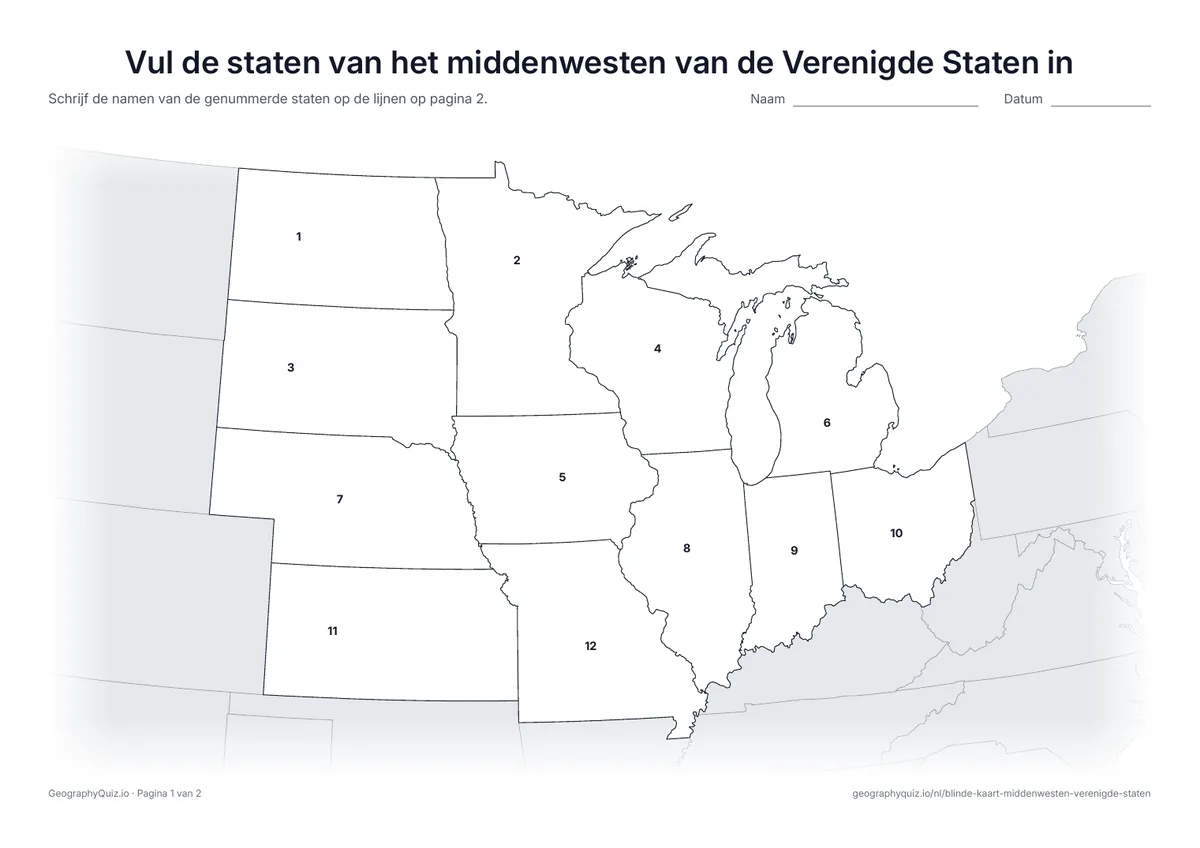 Voorbeeld van het werkblad “Vul de staten van het middenwesten van de Verenigde Staten in”: Kaart met de nummers van alle 12 staten