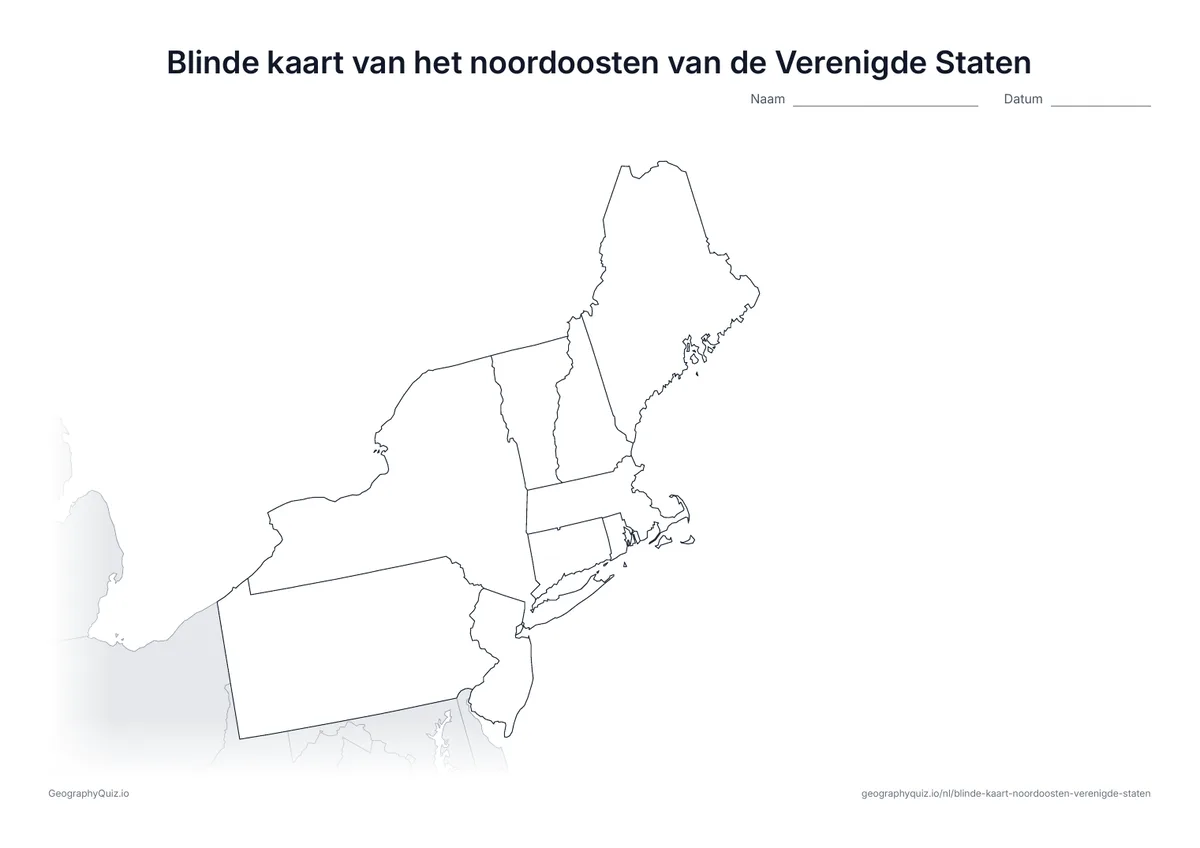 Voorbeeld van het werkblad: blinde kaart – Noordoosten van de VS