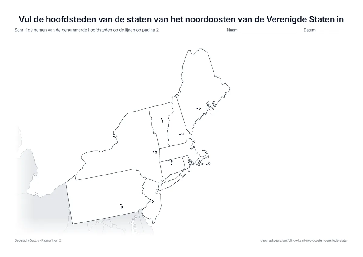 Voorbeeld van het werkblad “Vul de hoofdsteden van de staten van het noordoosten van de Verenigde Staten in”: Elke hoofdstad is een genummerde stip