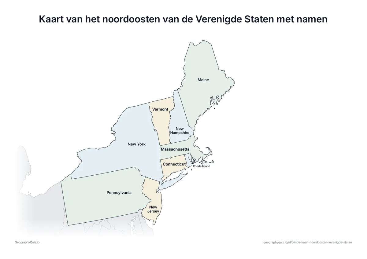 Voorbeeld van het werkblad “Kaart van het noordoosten van de Verenigde Staten met namen”: Dezelfde kaart met de namen van alle 9 staten: om te leren, te herhalen of de werkbladen van je leerlingen na te kijken