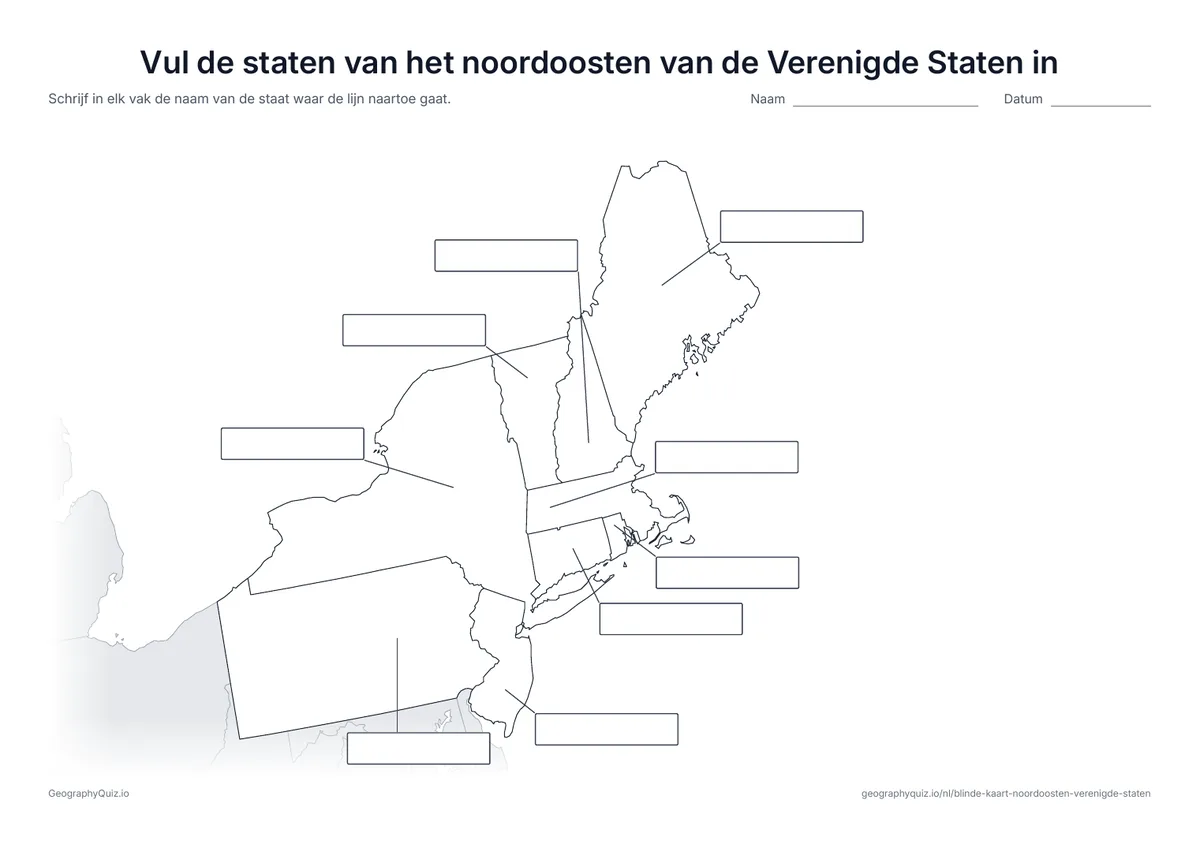 Voorbeeld van het werkblad “Vul de staten van het noordoosten van de Verenigde Staten in”: Vanaf elke staat loopt een lijn naar een leeg vak voor het antwoord, net als op het werkblad “Vul de werelddelen in” bij de wereldkaart