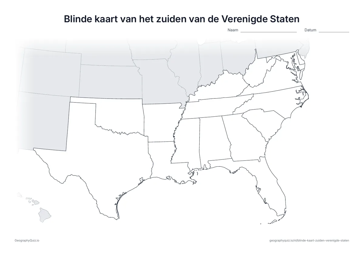 Voorbeeld van het werkblad: blinde kaart – Zuiden van de VS