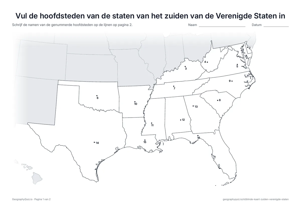 Voorbeeld van het werkblad “Vul de hoofdsteden van de staten van het zuiden van de Verenigde Staten in”: Elke hoofdstad is een genummerde stip
