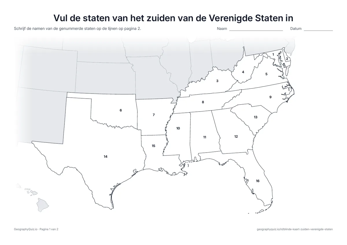 Voorbeeld van het werkblad “Vul de staten van het zuiden van de Verenigde Staten in”: Kaart met de nummers van alle 16 staten