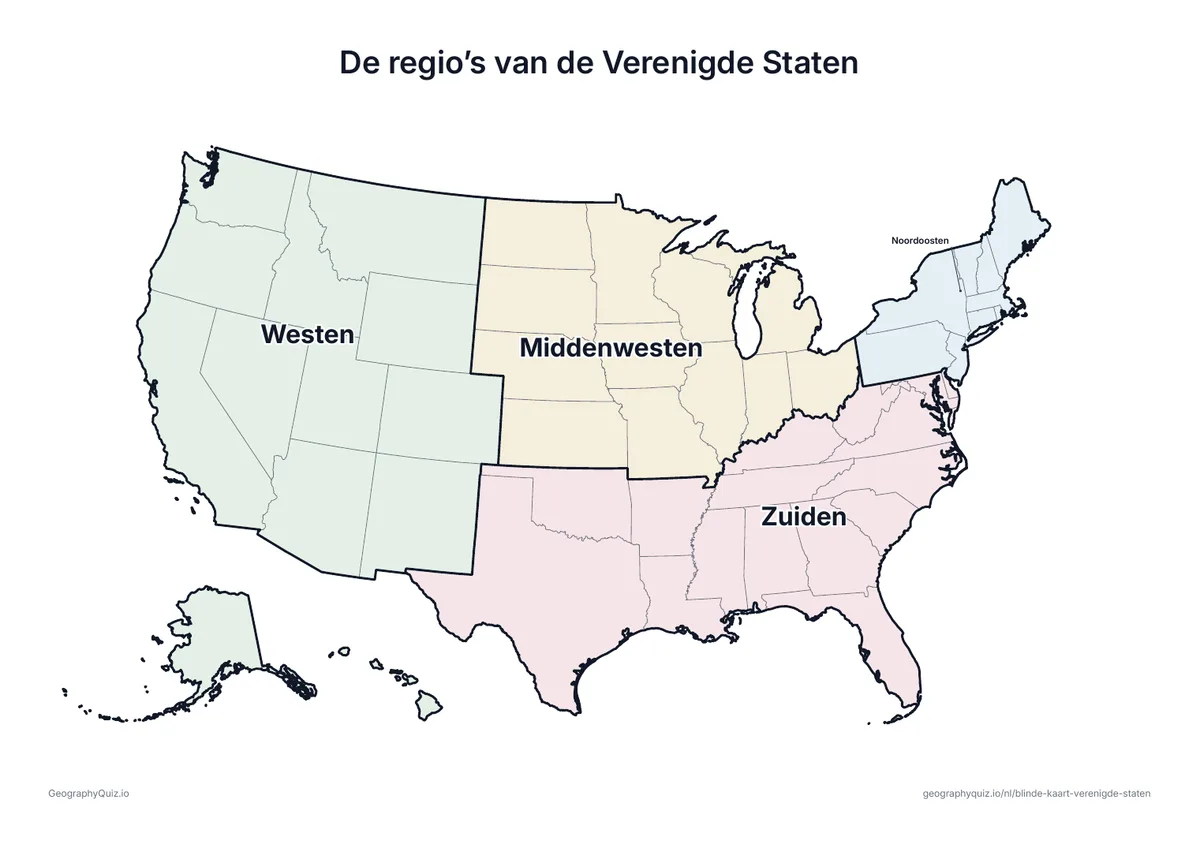 Voorbeeld van het werkblad “De regio’s van de Verenigde Staten”: De vier regio’s van het US Census Bureau – Noordoosten, Middenwesten, Zuiden en Westen – in zachte kleuren en met namen