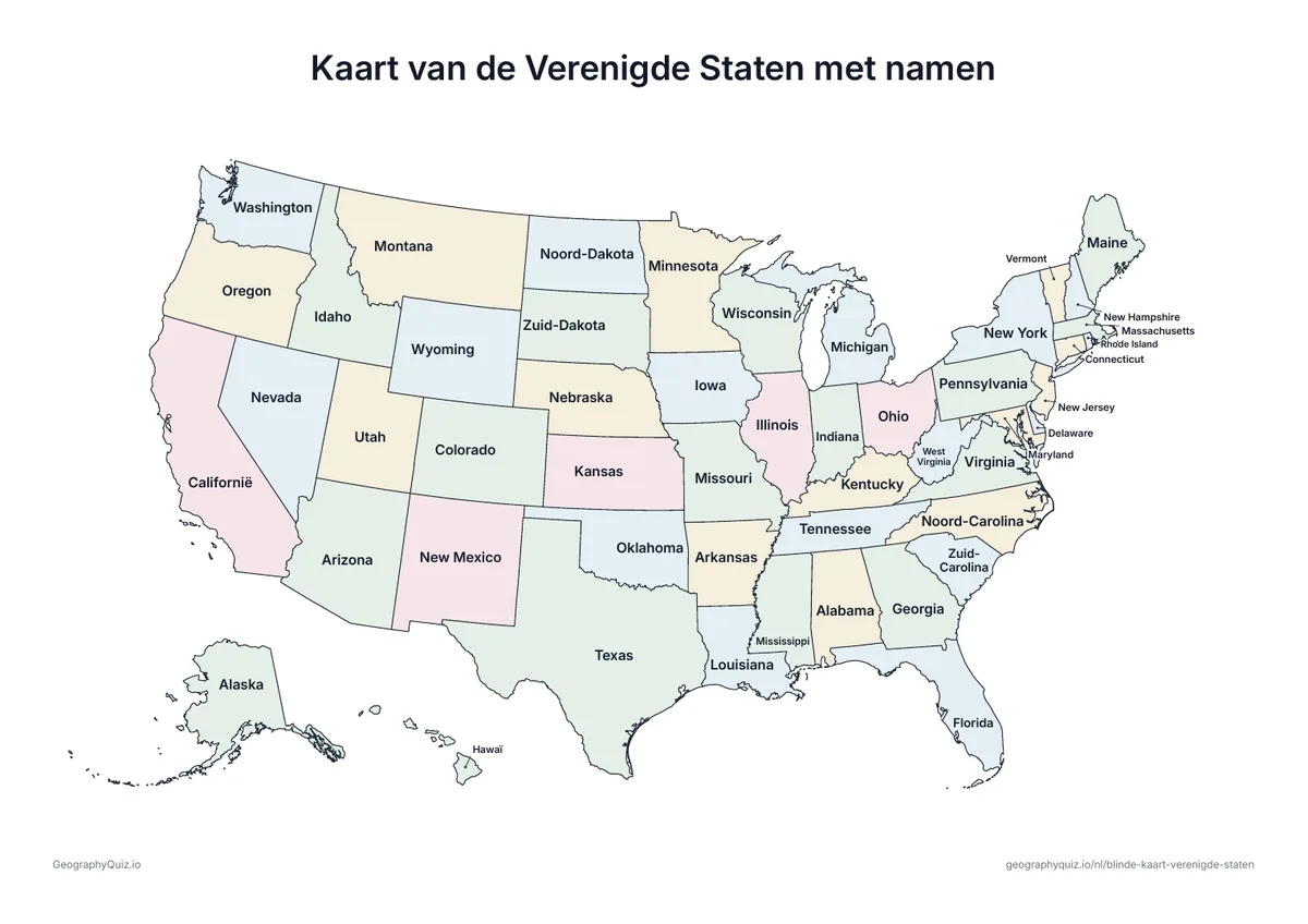 Voorbeeld van het werkblad “Kaart van de Verenigde Staten met namen”: De kaart van de Verenigde Staten met de namen van alle staten: een voorbeeldkaart of om de werkbladen van je leerlingen na te kijken