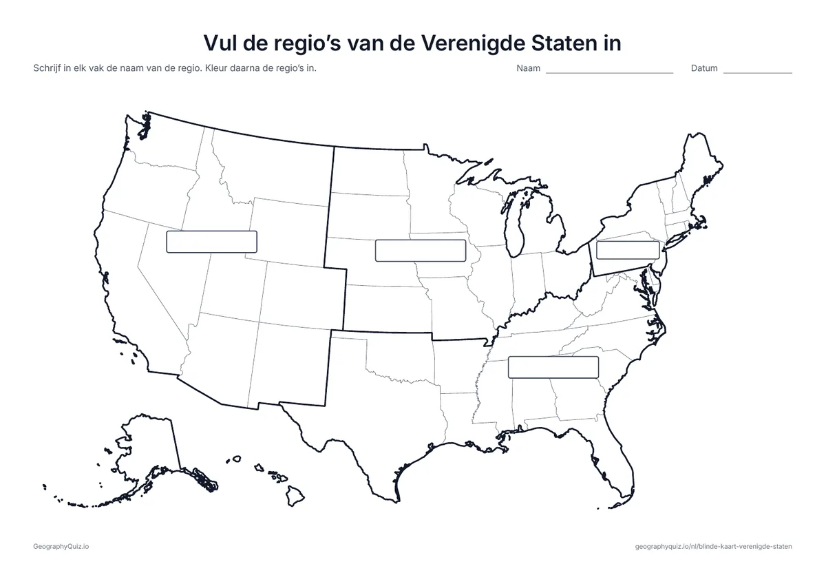 Voorbeeld van het werkblad “Vul de regio’s van de Verenigde Staten in”: Dikke lijnen begrenzen de vier regio’s, elk met een leeg vak