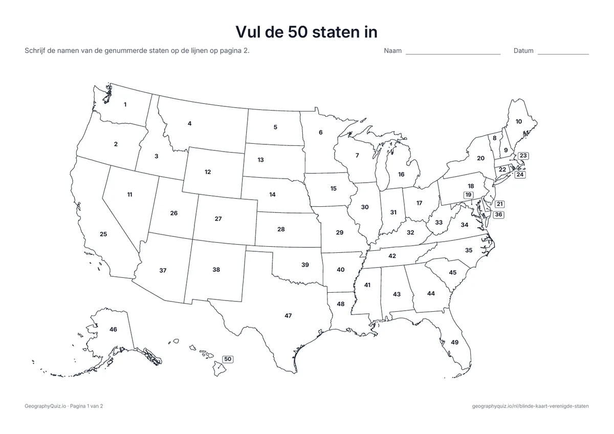 Voorbeeld van het werkblad “Vul de 50 staten in”: Elke staat heeft een nummer