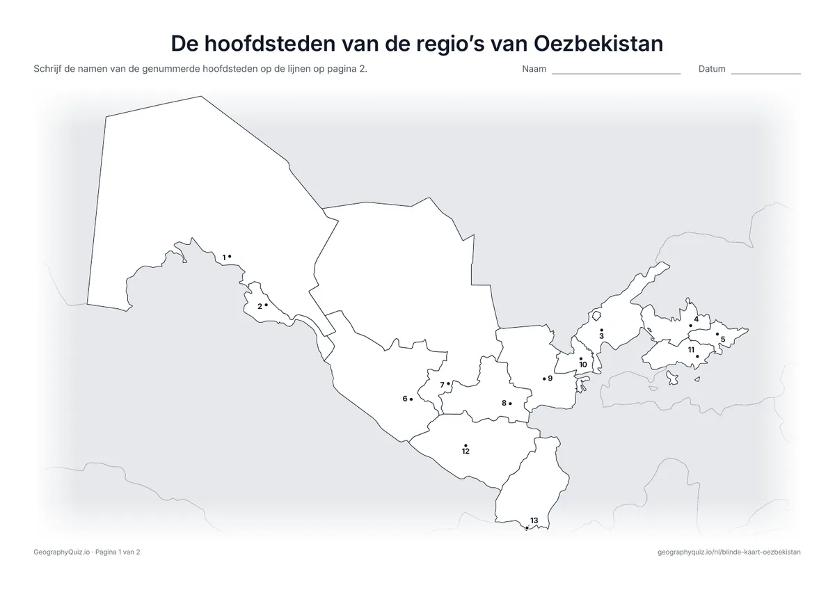 Voorbeeld van het werkblad “De hoofdsteden van de regio’s van Oezbekistan”: De hoofdstad van elke regio en van Karakalpakstan is een genummerde stip, van Nukus tot Termez