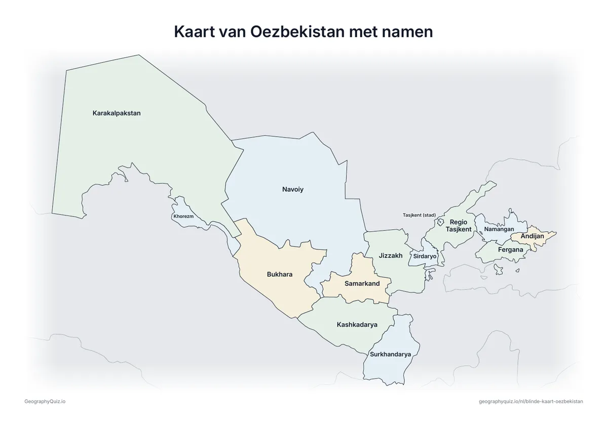 Voorbeeld van het werkblad “Kaart van Oezbekistan met namen”: Kaart van Oezbekistan met alle namen: een voorbeeldkaart voor de les en om de antwoorden na te kijken