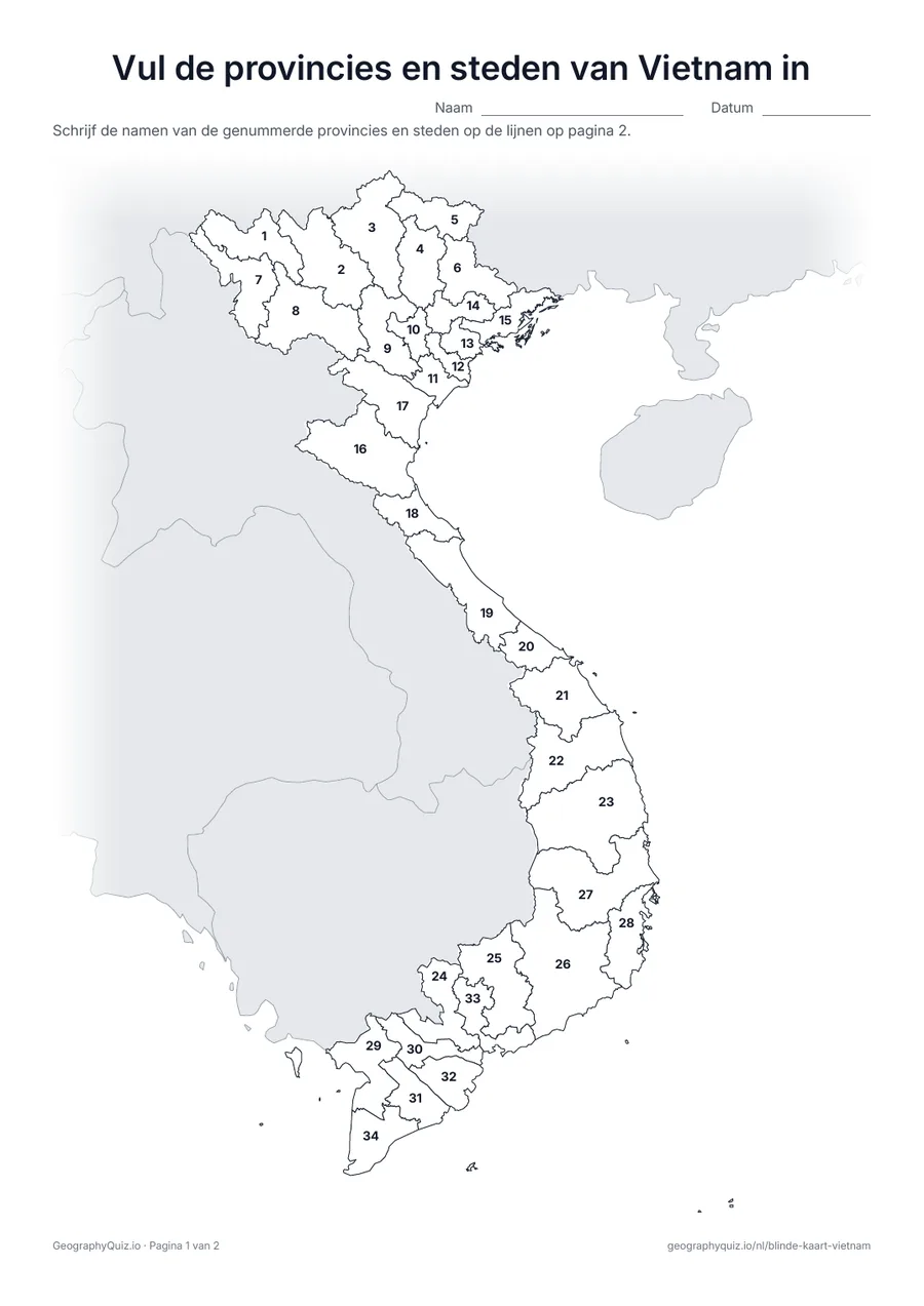 Voorbeeld van het werkblad “Vul de provincies en steden van Vietnam in”: Kaart met de nummers van de 28 provincies en 6 steden