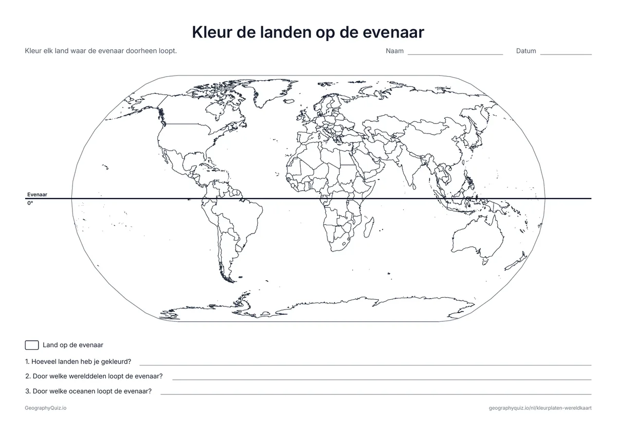 Voorbeeld van het werkblad “Kleur de landen op de evenaar”: De evenaar is al getekend