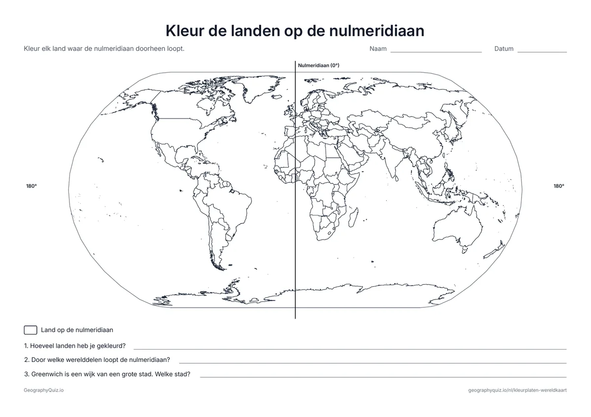 Voorbeeld van het werkblad “Kleur de landen op de nulmeridiaan”: De nulmeridiaan loopt van pool tot pool over de kaart