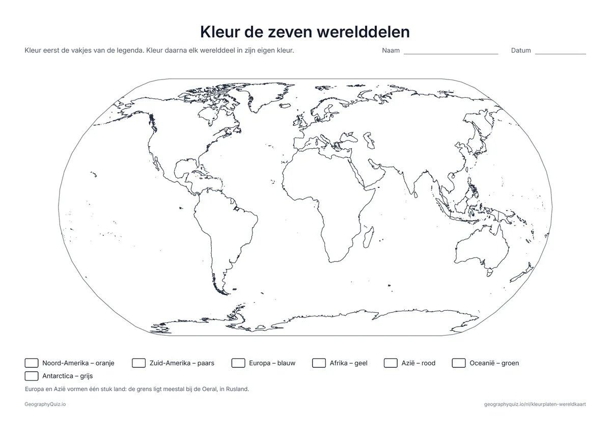 Voorbeeld van het werkblad “Kleur de zeven werelddelen”: Kaart van de zeven werelddelen met een kleurenlegenda: eerst kleur je de legenda, dan elk werelddeel
