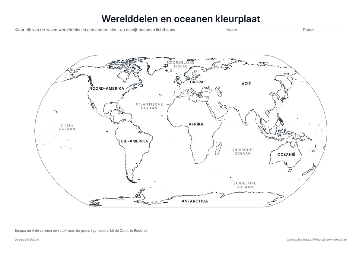 Voorbeeld van het werkblad “Werelddelen en oceanen kleurplaat”: De zeven werelddelen en de vijf oceanen staan met naam op de kaart