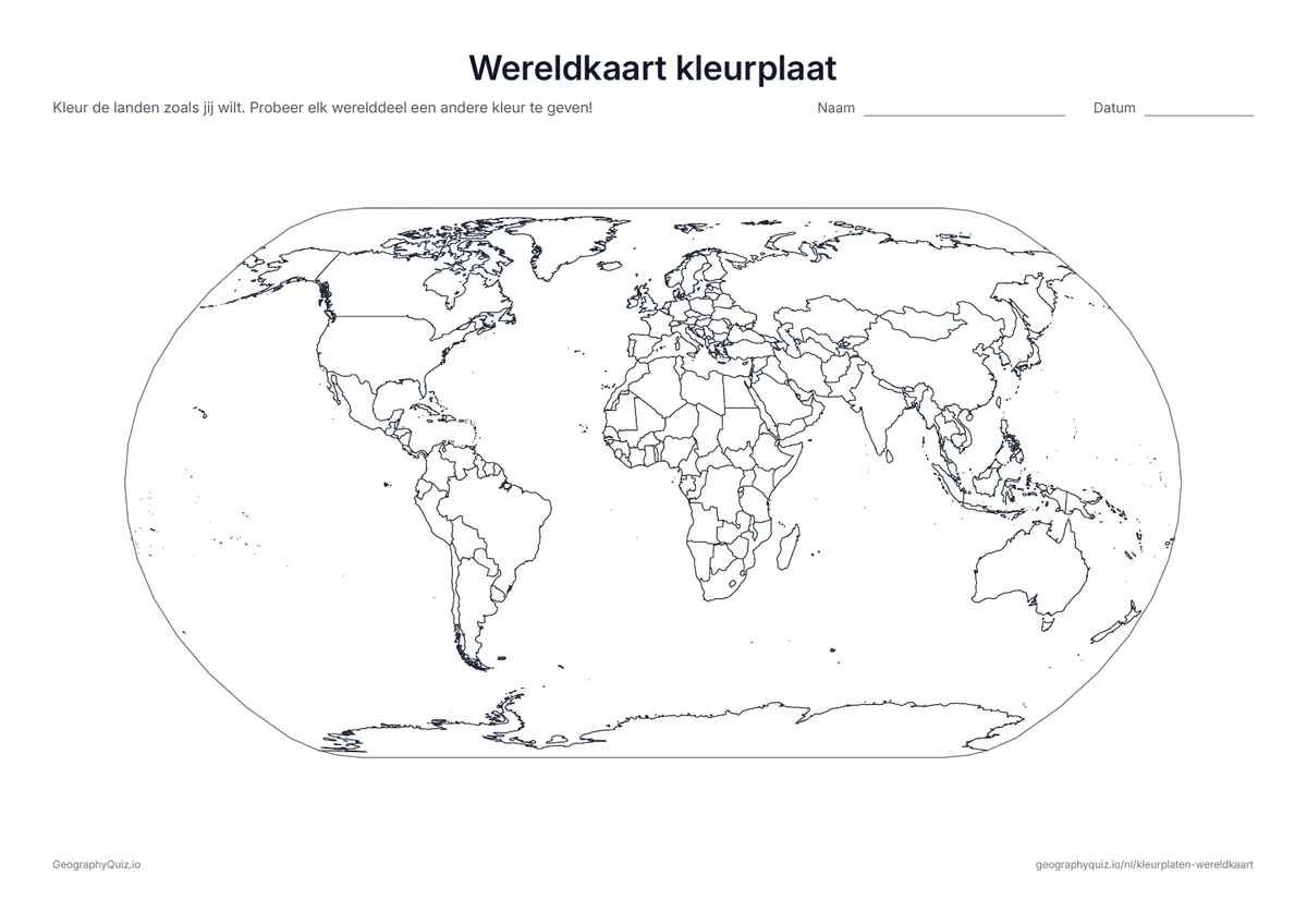 Voorbeeld van het werkblad “Wereldkaart kleurplaat”: Kaart van de wereld met alle landen, zonder namen: kleur de landen zoals jij wilt