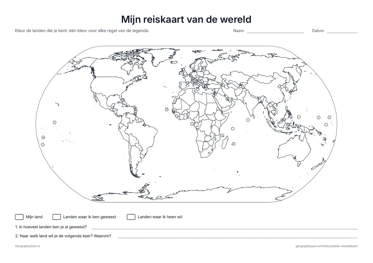 Voorbeeld van het werkblad “Mijn reiskaart van de wereld”: Kleur je eigen land, de landen waar je bent geweest en de landen waar je heen wilt, en beantwoord twee vragen