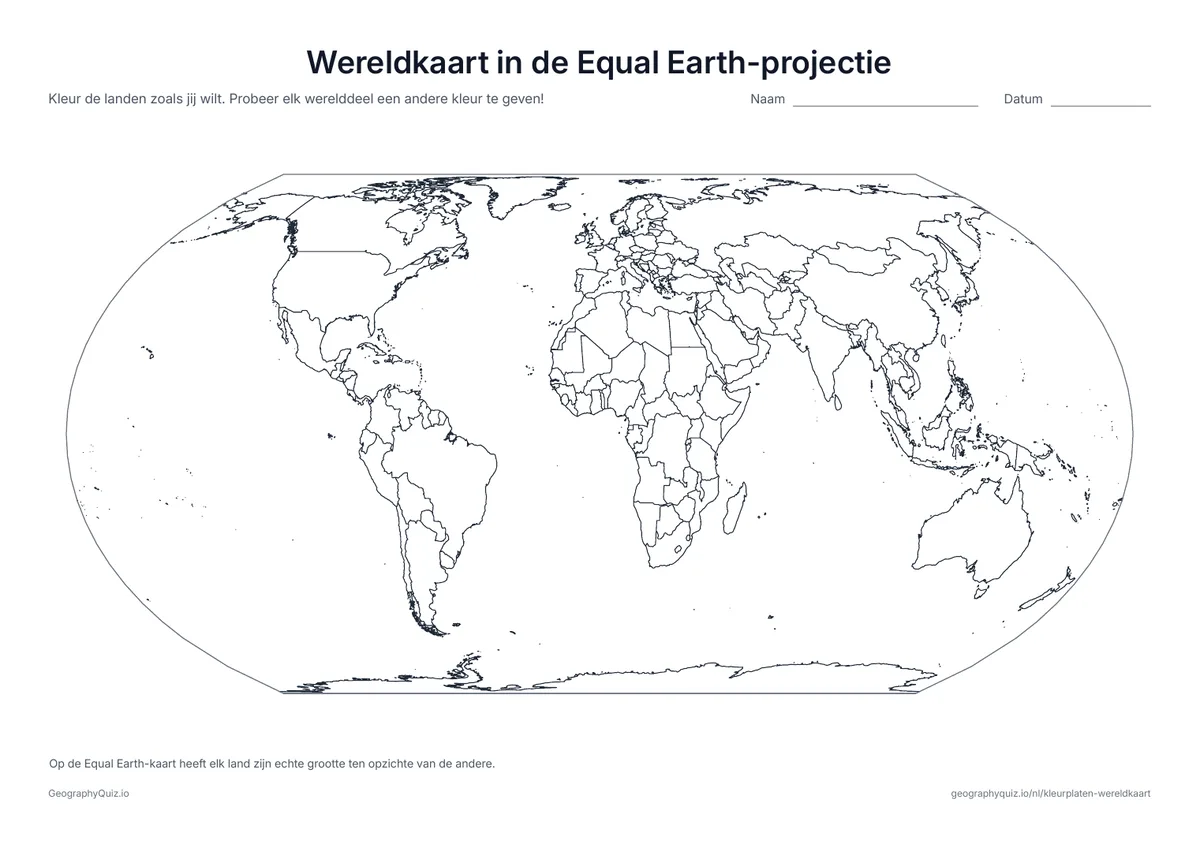 Voorbeeld van het werkblad “Wereldkaart in de Equal Earth-projectie”: De Equal Earth-projectie toont elk land in zijn echte grootte ten opzichte van de andere