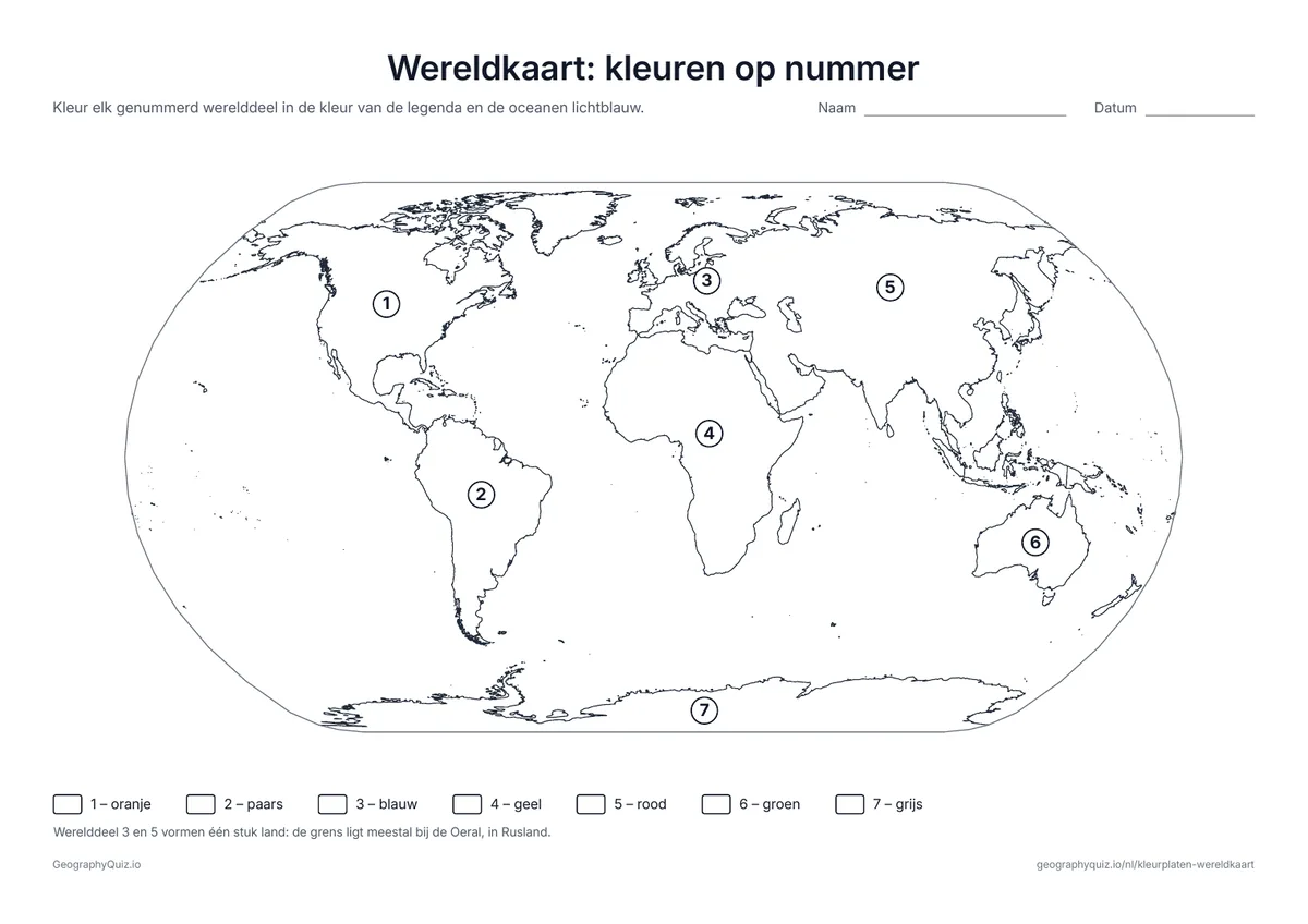 Voorbeeld van het werkblad “Wereldkaart: kleuren op nummer”: Elk werelddeel heeft een nummer van 1 tot 7 en krijgt de juiste kleur uit de legenda