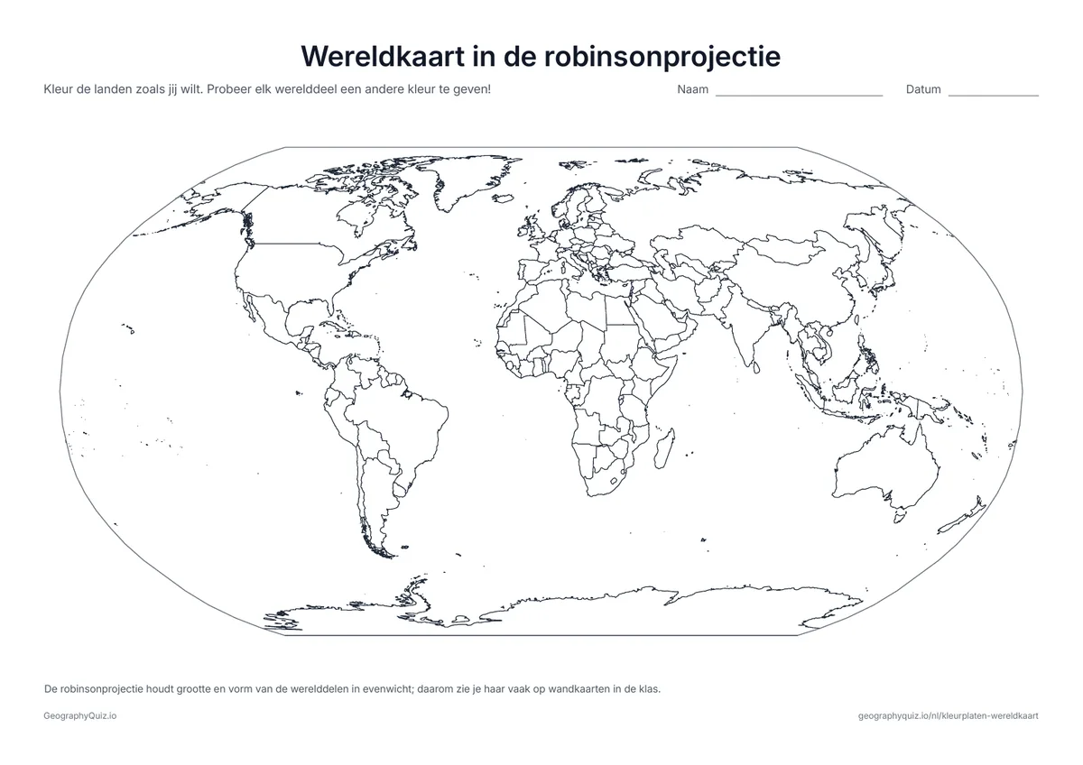 Voorbeeld van het werkblad “Wereldkaart in de robinsonprojectie”: De wereld in de robinsonprojectie, die veel op wandkaarten in de klas staat omdat ze grootte en vorm van de werelddelen in evenwicht houdt