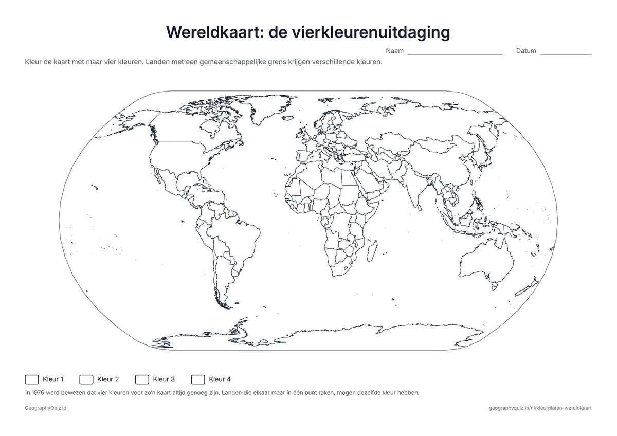 Voorbeeld van het werkblad “Wereldkaart: de vierkleurenuitdaging”: Kleur alle landen met maar vier kleuren, zodat twee buurlanden nooit dezelfde kleur hebben: een puzzel met een beroemde wiskundige stelling erachter