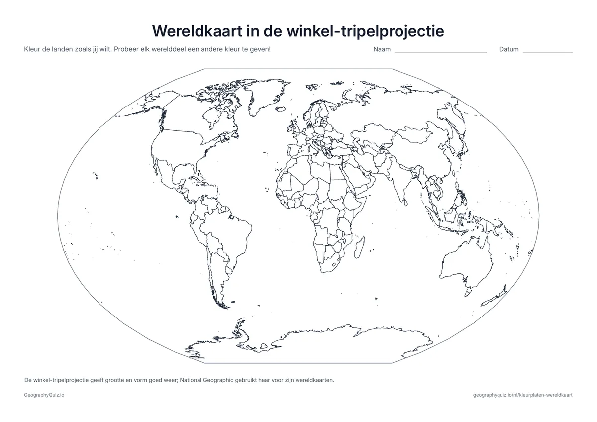 Voorbeeld van het werkblad “Wereldkaart in de winkel-tripelprojectie”: De wereld in de winkel-tripelprojectie, die National Geographic voor zijn wereldkaarten gebruikt
