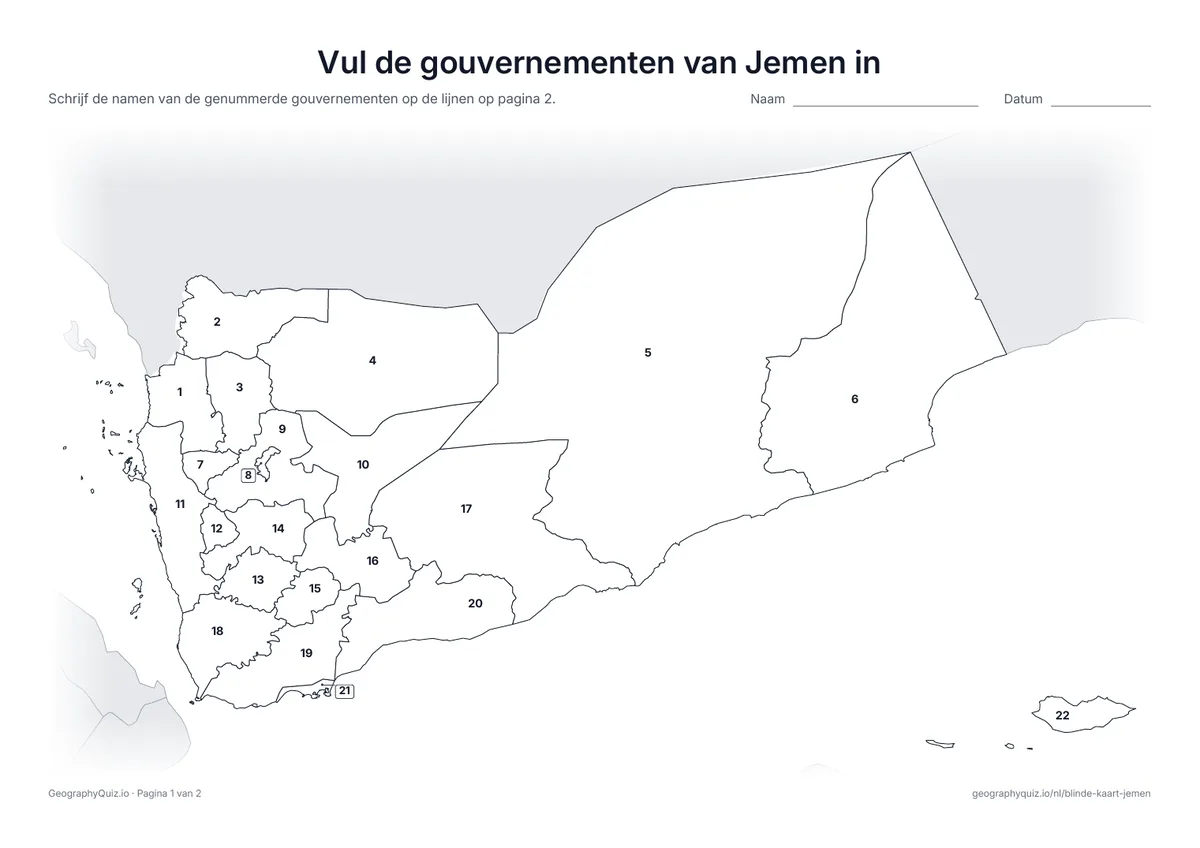 Voorbeeld van het werkblad “Vul de gouvernementen van Jemen in”: Kaart met de nummers van de 21 gouvernementen en de hoofdstad Sanaa